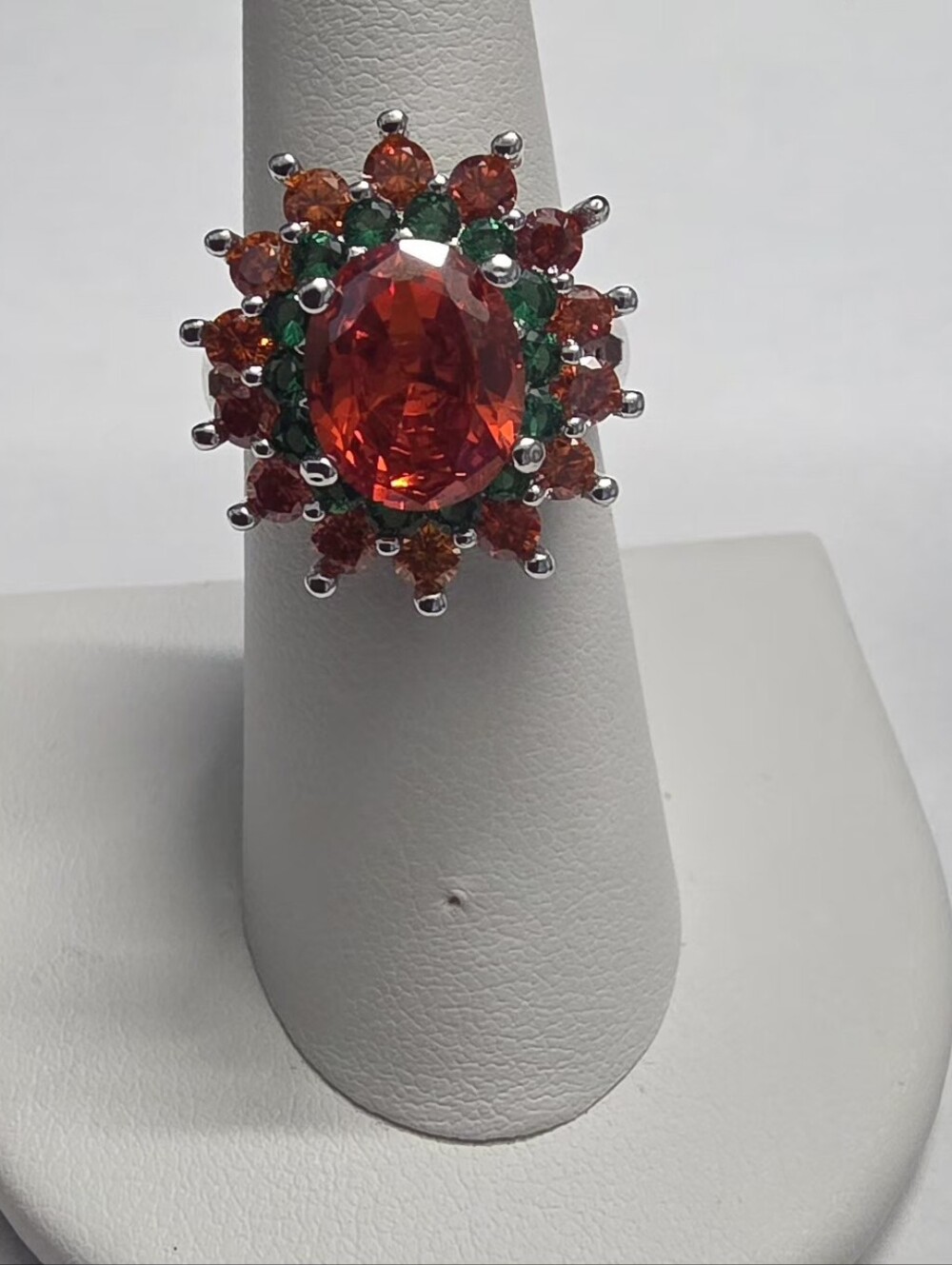 :925 Sterling Silver Swarovski Citrine Orange & Green Statement Ring Approx Siz